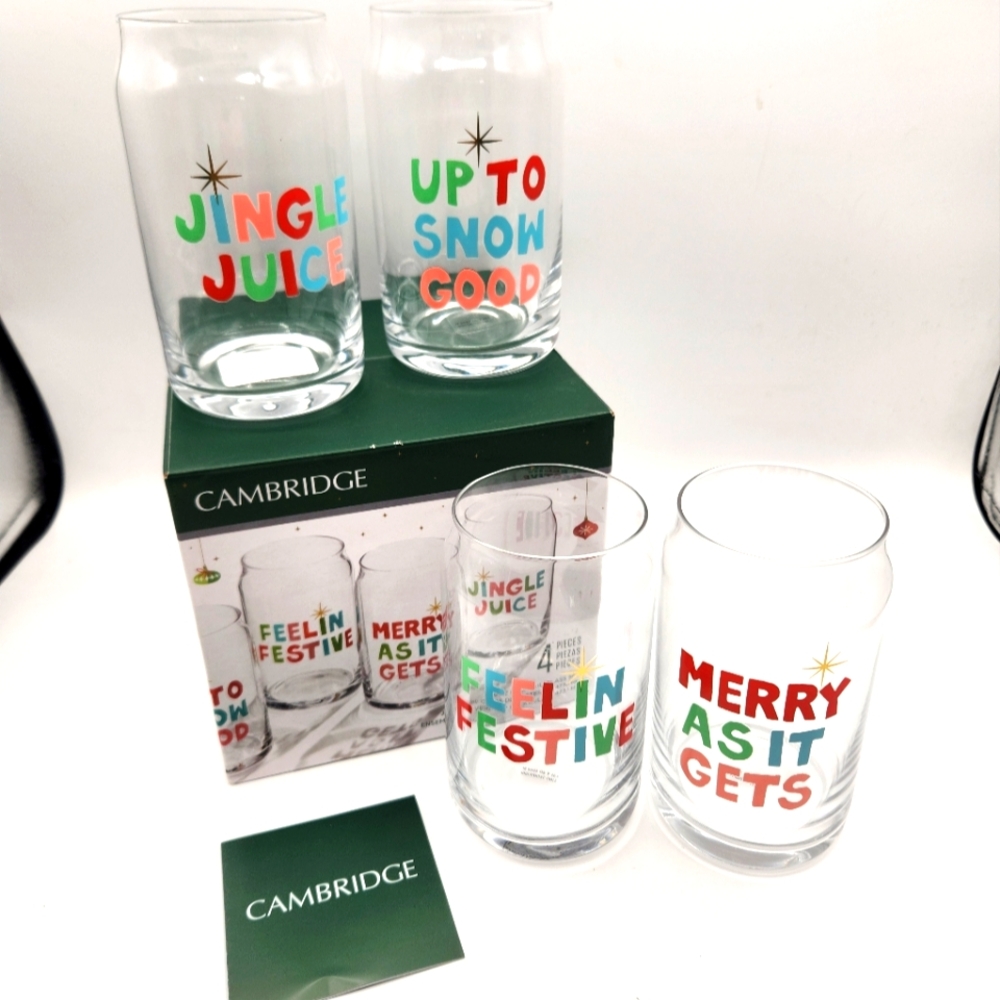 Cambridge Christmas Holiday Jingle Juice Cocktail Glasses Set of 4 16 oz NIB
